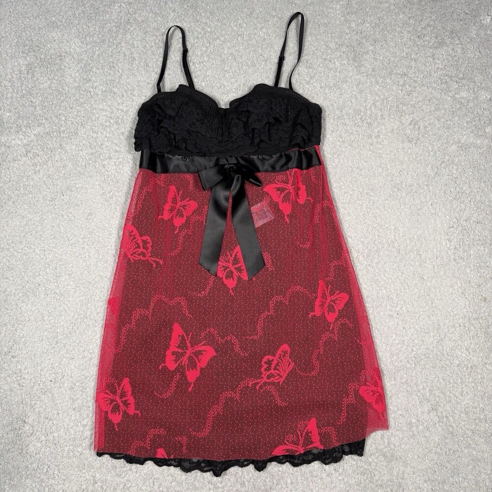 Anna Sui Victorias Secret Red Black Baby Doll Nightie 36B Rock Roll Romantic ‘07